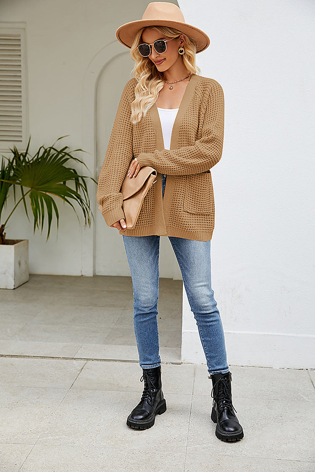 Moncelia Hilde Waffle Knit Open Front Cardigan