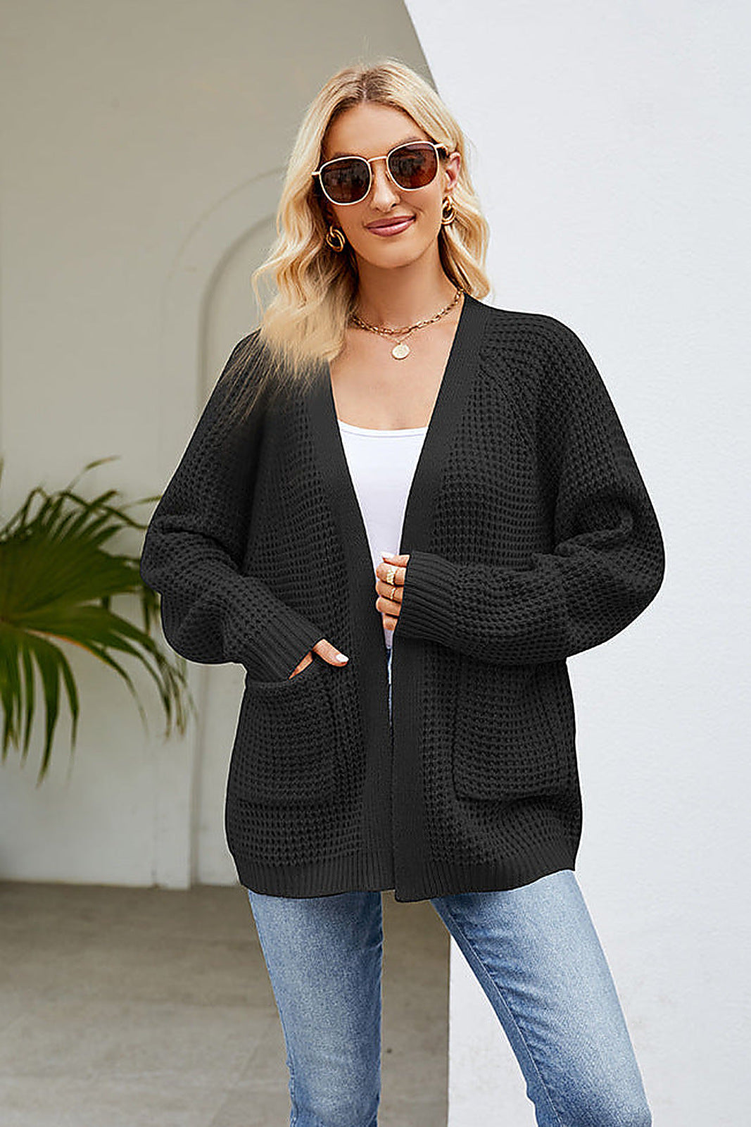 Moncelia Hilde Waffle Knit Open Front Cardigan