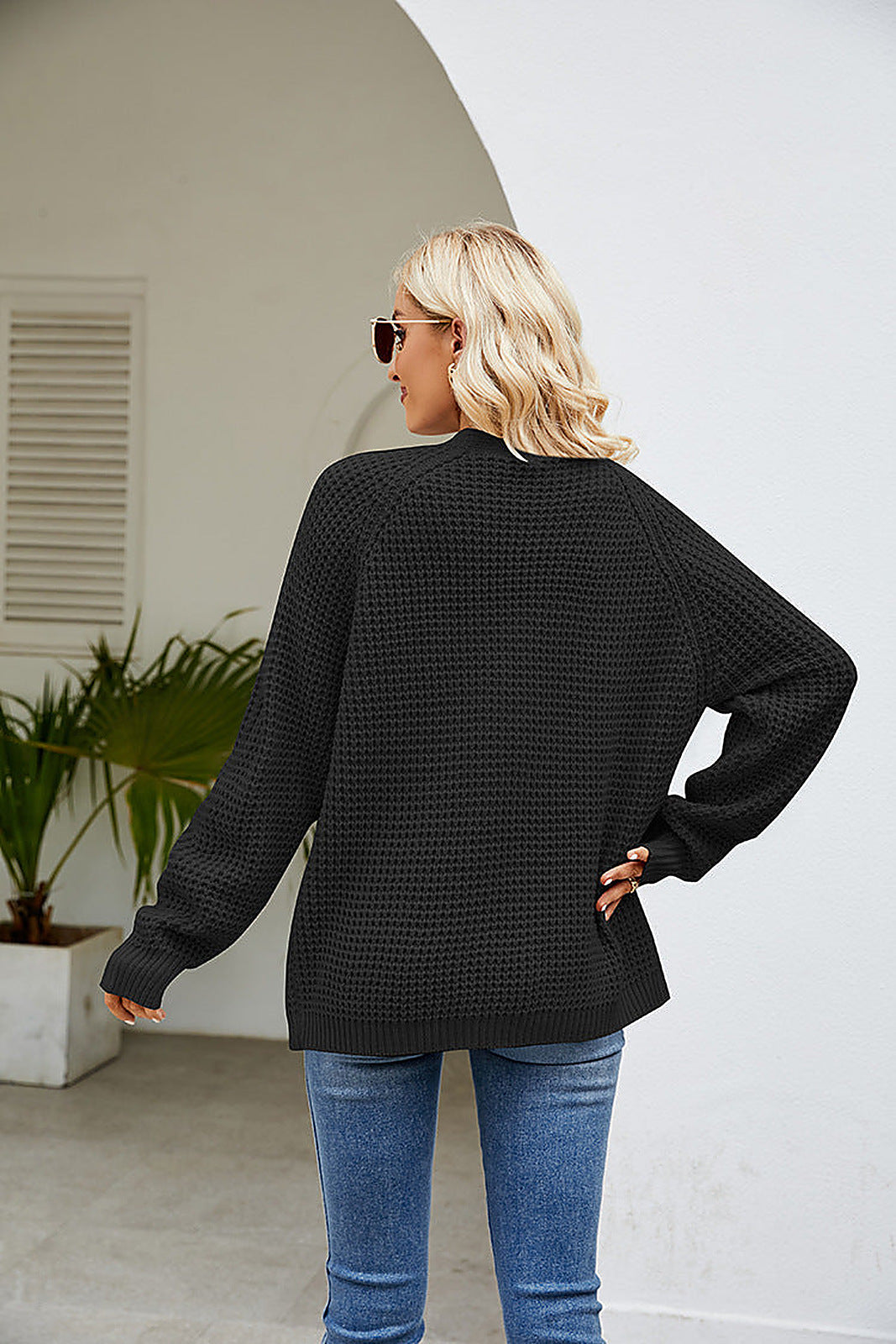 Moncelia Hilde Waffle Knit Open Front Cardigan