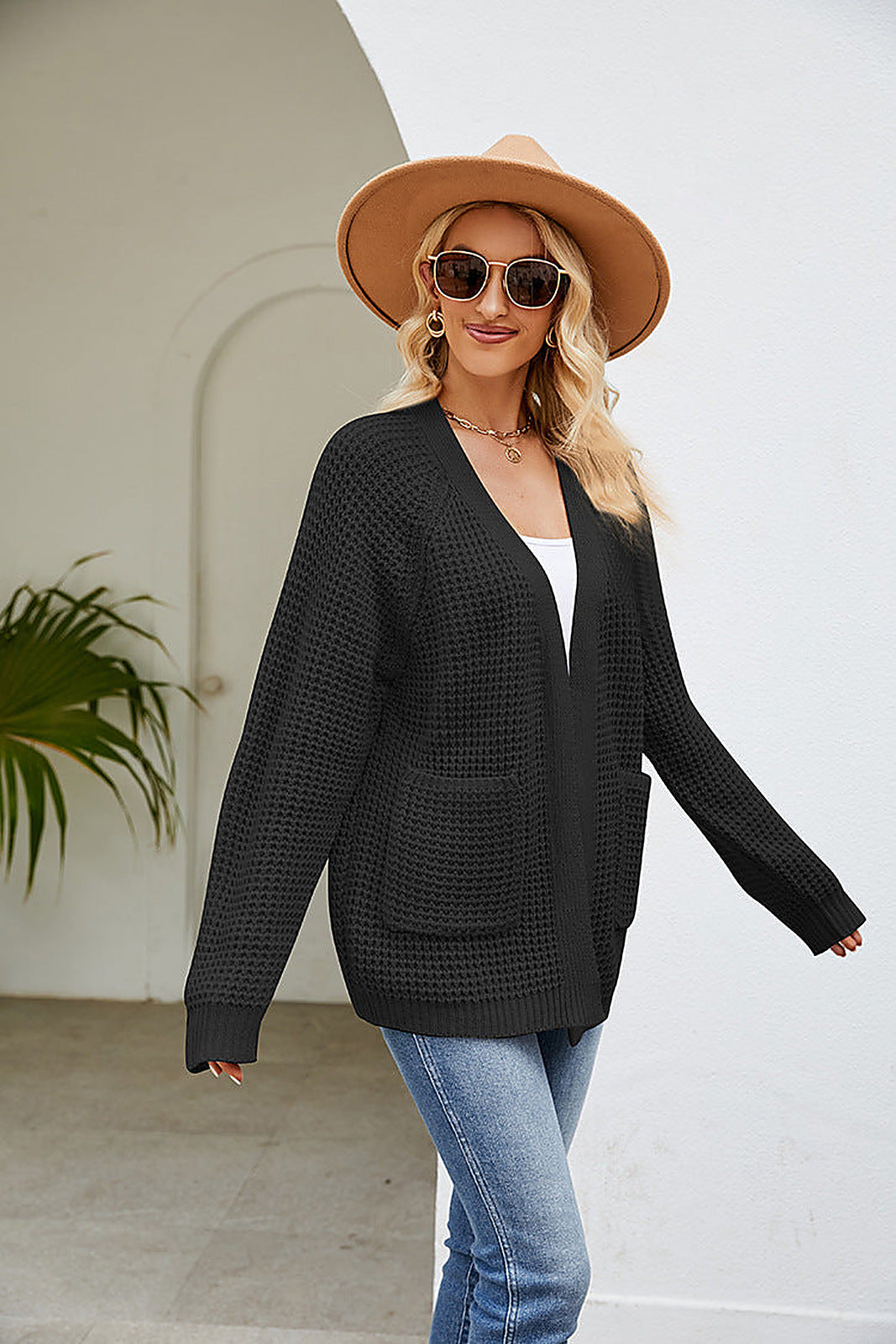 Moncelia Hilde Waffle Knit Open Front Cardigan
