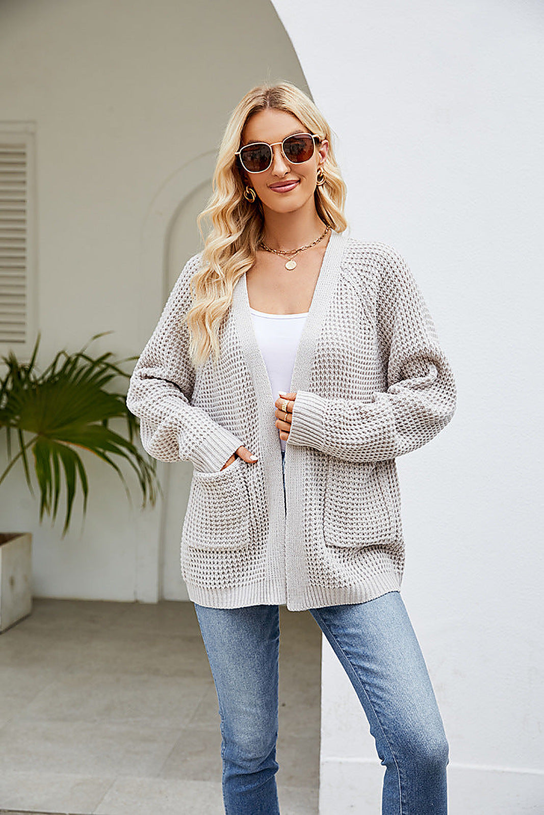 Moncelia Hilde Waffle Knit Open Front Cardigan