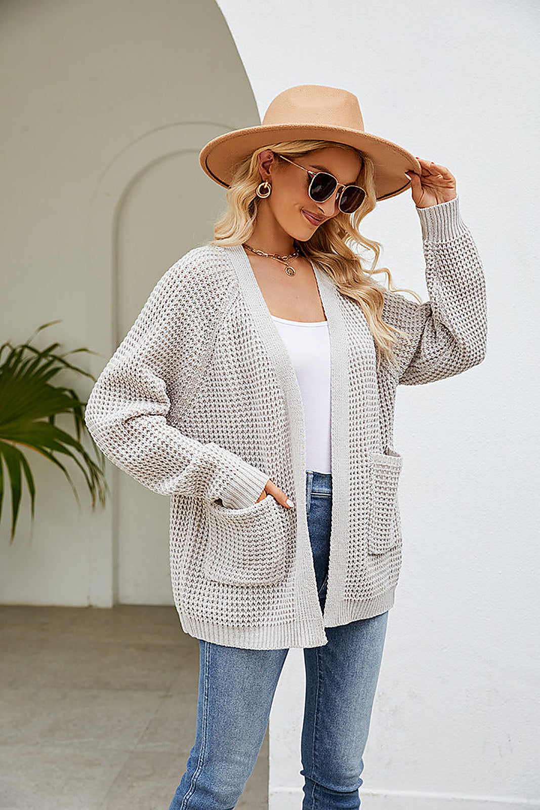 Moncelia Hilde Waffle Knit Open Front Cardigan