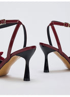 Moncelia burgundy grosgrain bow ankle strap pumps, back view showing flared heel, women's sizes 5 to 10.5