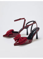 Moncelia burgundy grosgrain bow ankle strap pumps, pair shown from the side, women's sizes 5 to 10.5