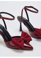 Moncelia burgundy grosgrain bow ankle strap pumps, close-up of bow and pointed toe, women's sizes 5 to 10.5