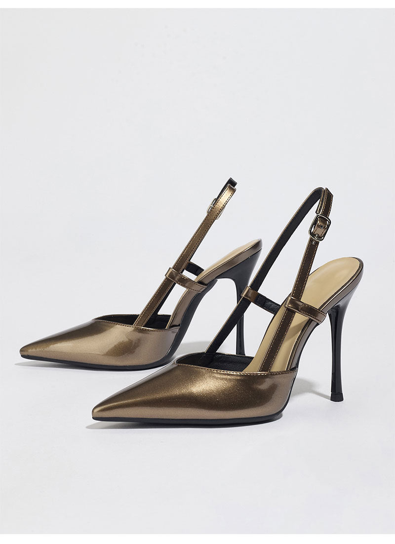 Moncelia bronze metallic pointed slingback heels, pair shown from the side, women's sizes 5.5 to 11.5
