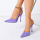 Moncelia purple metallic pointed slingback heels, worn on model with stiletto heel, women's sizes 5.5 to 11.5