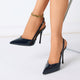 Moncelia black metallic pointed slingback heels, worn on model with stiletto heel, women's sizes 5.5 to 11.5