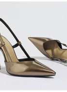 Moncelia bronze metallic pointed slingback heels, close-up of the toe and strap, women's sizes 5.5 to 11.5