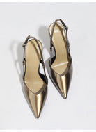 Moncelia bronze metallic pointed slingback heels, pair shown from above, women's sizes 5.5 to 11.5