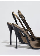 Moncelia bronze metallic pointed slingback heels, back view showing buckled strap, women's sizes 5.5 to 11.5
