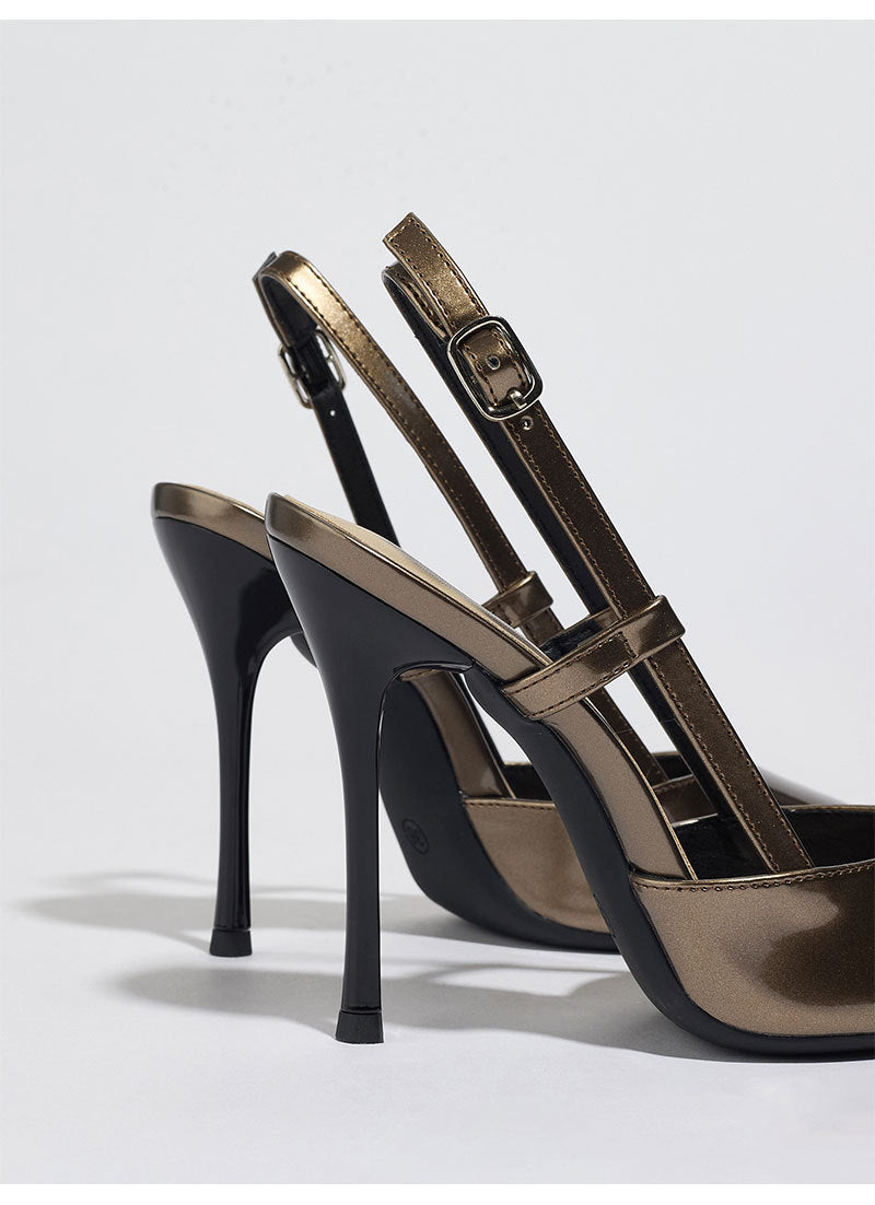 Moncelia bronze metallic pointed slingback heels, back view showing buckled strap, women's sizes 5.5 to 11.5