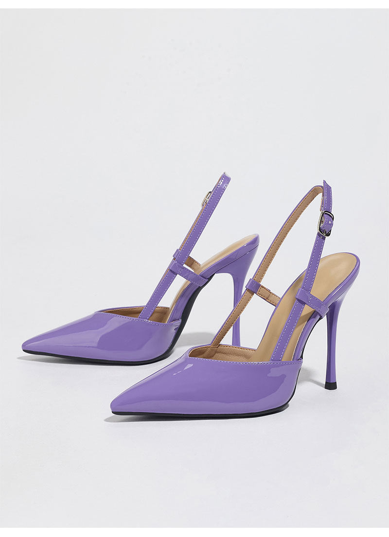 Moncelia purple metallic pointed slingback heels, pair shown from the side, women's sizes 5.5 to 11.5