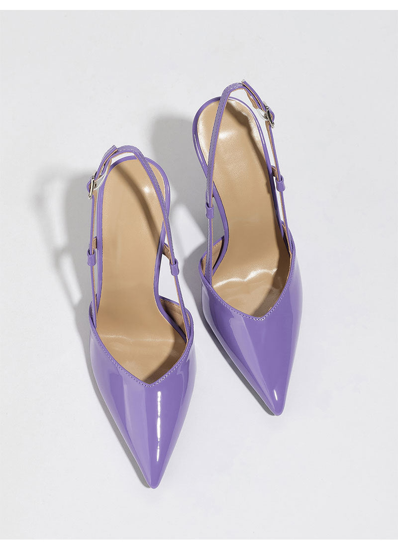 Moncelia purple metallic pointed slingback heels, pair shown from above, women's sizes 5.5 to 11.5