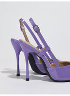 Moncelia purple metallic pointed slingback heels, back view showing buckled strap, women's sizes 5.5 to 11.5