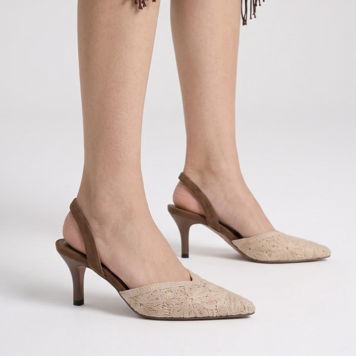 Moncelia brown crochet pointed slingback heels, side view showing the strap, women's sizes 5 to 10.5