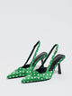 Moncelia green polka dot satin slingbacks, pair shown from the side with pointed toes, women's sizes 5 to 12