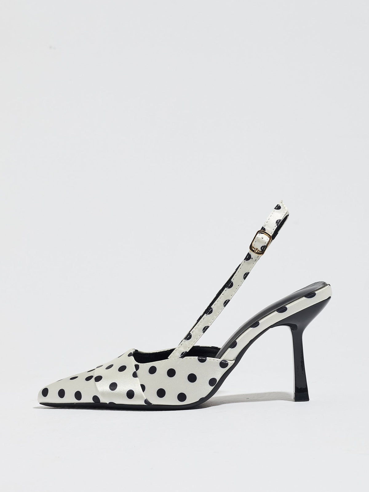 Moncelia ivory polka dot satin slingbacks, single shoe in profile showing slim heel, women's sizes 5 to 12