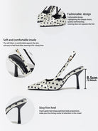 Moncelia ivory polka dot satin slingbacks, feature sheet showing insole and 8.5 cm heel, women's sizes 5 to 12