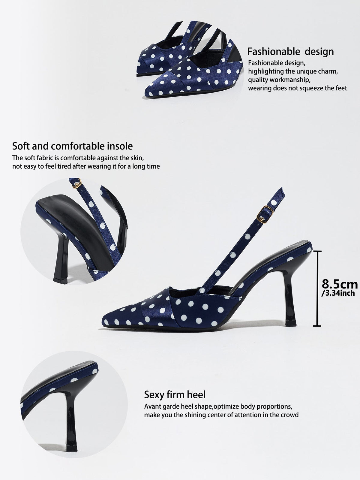 Moncelia navy polka dot satin slingbacks, feature sheet showing insole and 8.5 cm heel, women's sizes 5 to 12