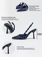 Moncelia navy polka dot satin slingbacks, feature sheet showing insole and 8.5 cm heel, women's sizes 5 to 12