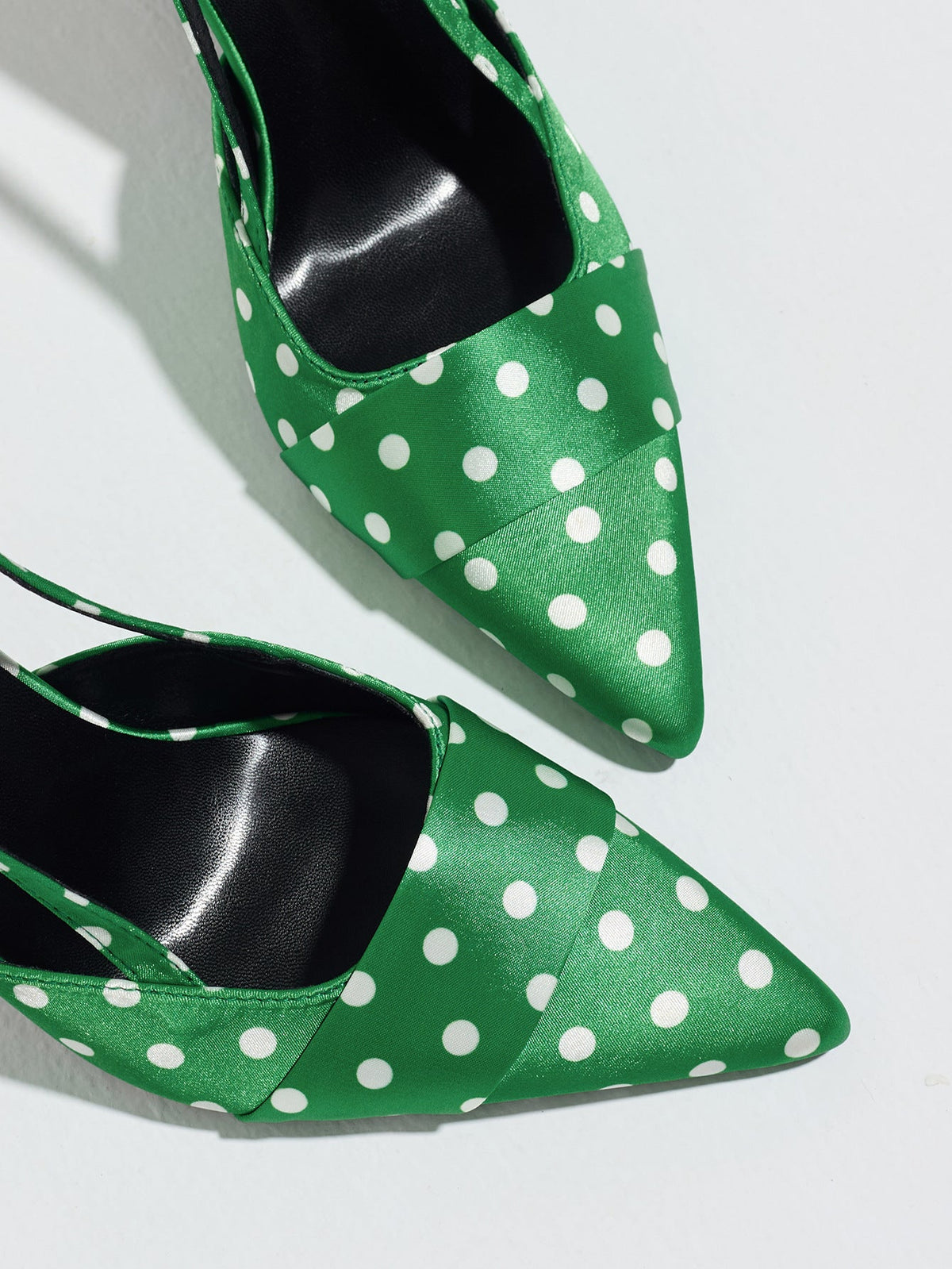 Moncelia green polka dot satin slingbacks, close-up of pointed toe and white dots, women's sizes 5 to 12