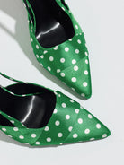 Moncelia green polka dot satin slingbacks, close-up of pointed toe and white dots, women's sizes 5 to 12