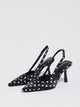 Moncelia black polka dot satin slingbacks, pair shown from the side with white dots, women's sizes 5 to 12