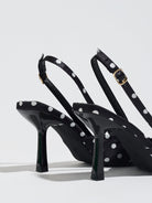 Moncelia black polka dot satin slingbacks, back view showing heels and buckled straps, women's sizes 5 to 12