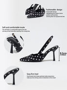 Moncelia black polka dot satin slingbacks, feature sheet showing insole and 8.5 cm heel, women's sizes 5 to 12