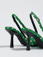 Moncelia green polka dot satin slingbacks, back view showing heels and buckled straps, women's sizes 5 to 12