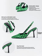 Moncelia green polka dot satin slingbacks, feature sheet showing insole and 8.5 cm heel, women's sizes 5 to 12