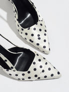 Moncelia ivory polka dot satin slingbacks, close-up of pointed toe with black dots, women's sizes 5 to 12