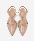 Moncelia beige studded T-strap flats, pair shown from above with gold studs, women's sizes 5 to 10.5