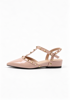 Moncelia beige studded T-strap flats, single shoe in profile showing low stacked edge, women's sizes 5 to 10.5