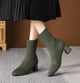 Moncelia green knit sock ankle boots, side view on model showing block heel, women's sizes 5.5 to 12