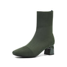 Moncelia green knit sock ankle boots, single boot in profile showing ribbed shaft, women's sizes 5.5 to 12