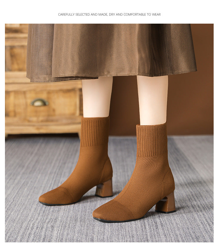 Moncelia brown knit sock ankle boots, front view on model, square toe in focus, women's sizes 5.5 to 12