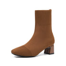 Moncelia brown knit sock ankle boots, single boot in profile showing ribbed shaft, women's sizes 5.5 to 12