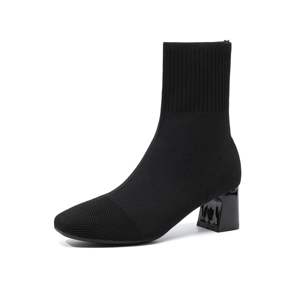 Moncelia black knit sock ankle boots, single boot in profile showing block heel, women's sizes 5.5 to 12