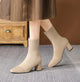 Moncelia apricot knit sock ankle boots, side view on model showing block heel, women's sizes 5.5 to 12