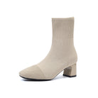 Moncelia apricot knit sock ankle boots, single boot in profile showing square toe, women's sizes 5.5 to 12