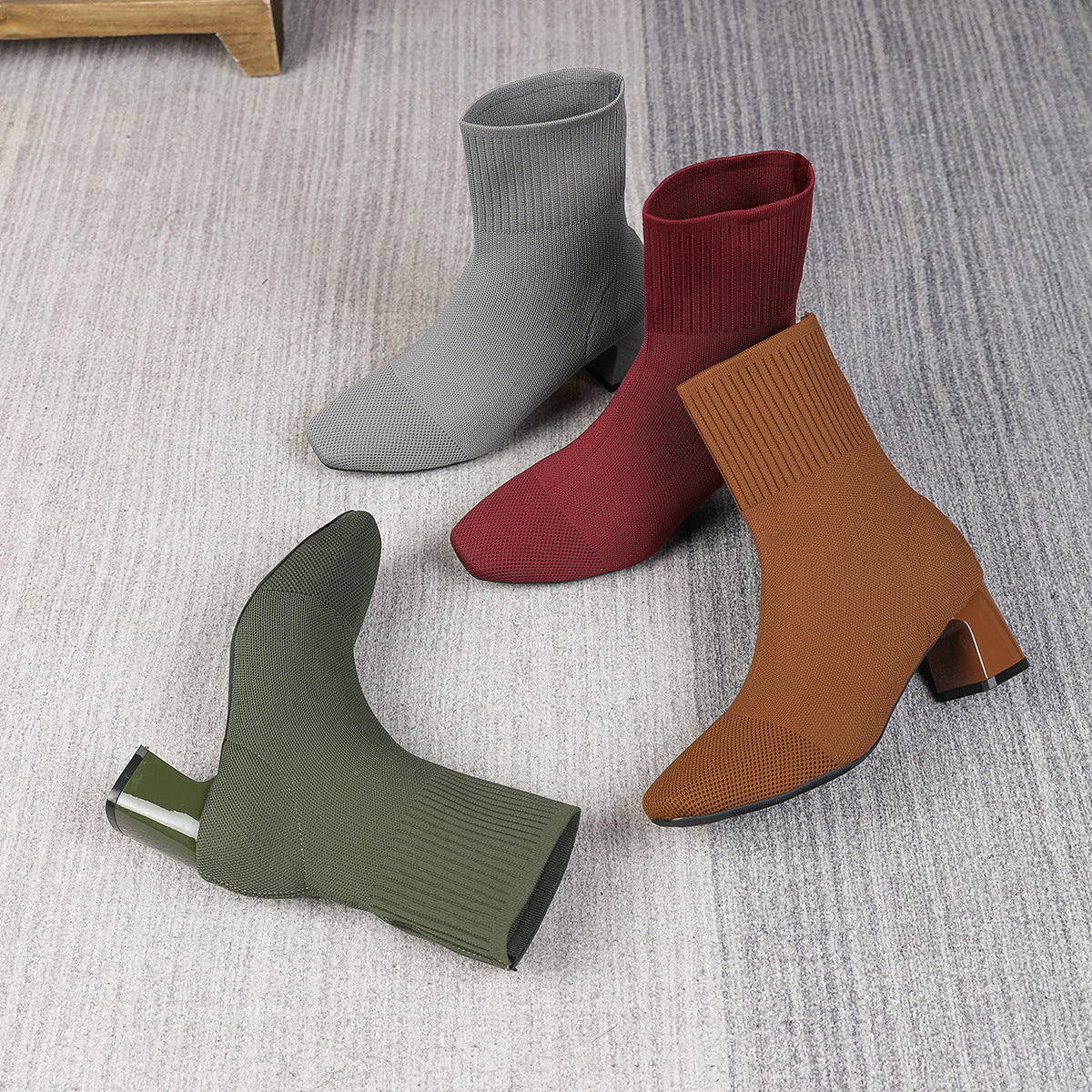 Moncelia burgundy and green knit sock ankle boots, shown with other colours, women's sizes 5.5 to 12