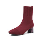 Moncelia burgundy knit sock ankle boots, single boot in profile showing glossy heel, women's sizes 5.5 to 12