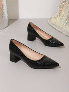 Moncelia black croc-embossed block heel pumps, pair shown from the side, women's sizes 5.5 to 12