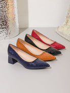Moncelia navy and black croc-embossed block heel pumps, all colours side by side, women's sizes 5.5 to 12