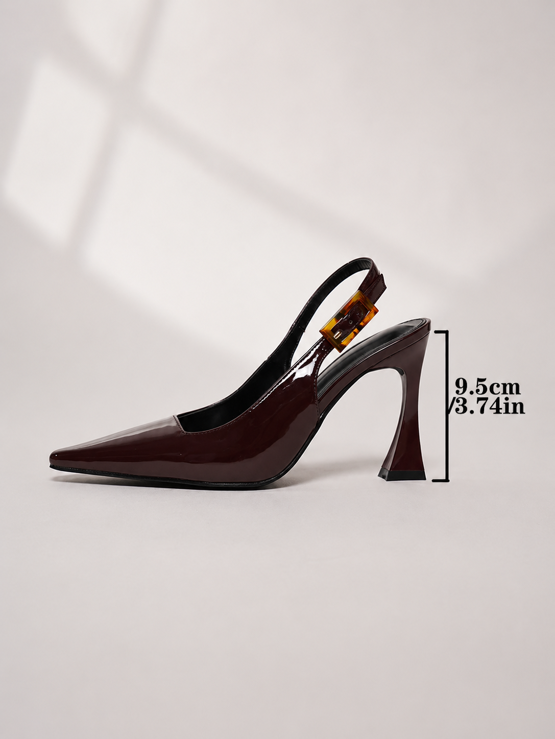Moncelia burgundy patent slingback pumps, shoe in profile with heel height marked, women's sizes 5 to 11
