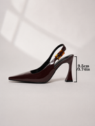 Moncelia burgundy patent slingback pumps, shoe in profile with heel height marked, women's sizes 5 to 11