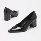 Moncelia black high-shine block heel pumps, pair from side and back showing heel, women's sizes 5 to 11.5