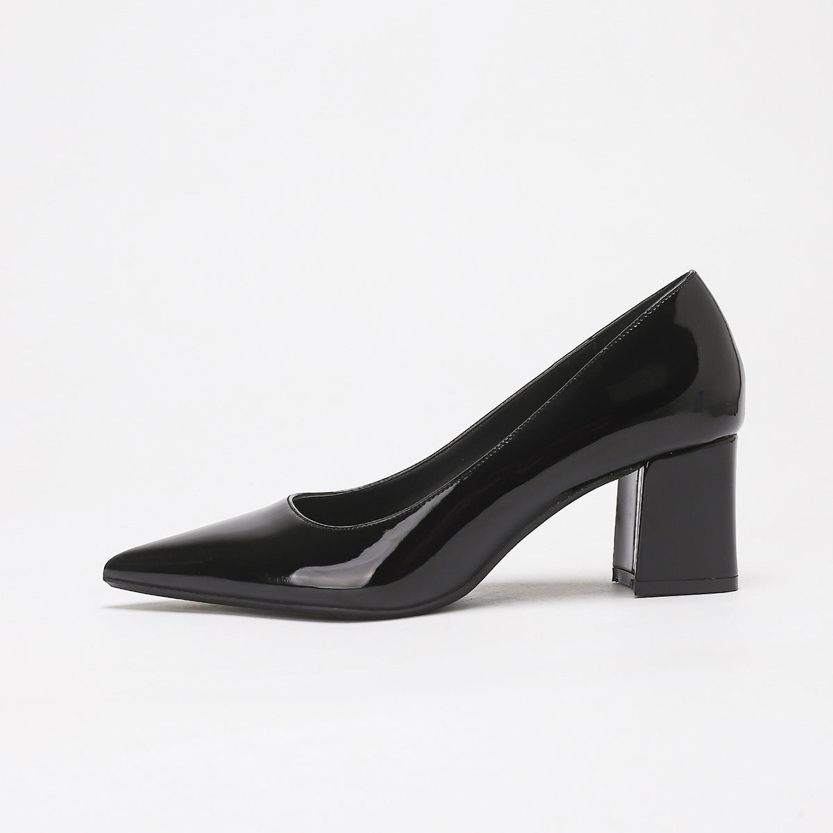Moncelia black high-shine block heel pumps, single shoe showing low-cut vamp, women's sizes 5 to 11.5